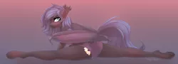 Size: 3936x1420 | Tagged: suggestive, artist:nightskrill, derpibooru import, oc, oc:angel tears, unofficial characters only, anthro, bat pony, anthro oc, bat pony oc, bra, clothes, female, gradient background, looking at you, panties, solo, splits, stretching, underwear, ych result