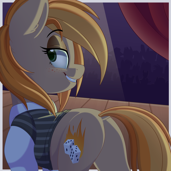 Size: 3000x3000 | Tagged: safe, artist:thegamblehorse, deleted from derpibooru, derpibooru import, oc, oc:parlay, unofficial characters only, pony, audience, clothes, dock, female, freckles, high res, lidded eyes, looking at you, looking back, looking back at you, mare, plot, shirt, smiling, smiling at you, solo, spotlight, stage