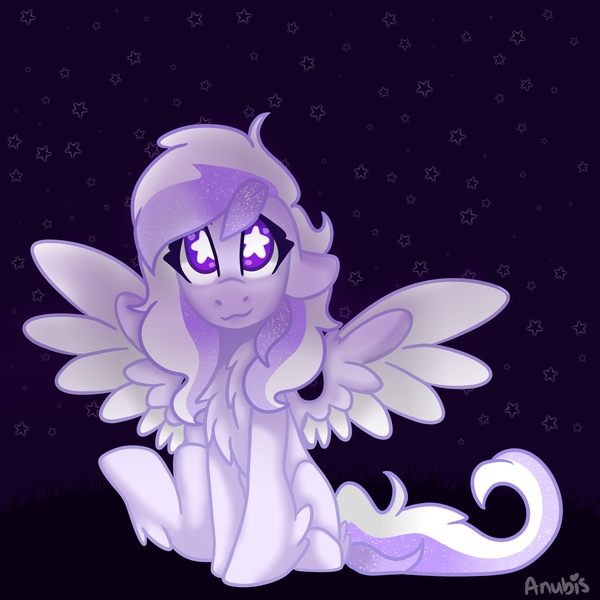 Size: 2894x2894 | Tagged: safe, artist:teeny-tiny-chaos, derpibooru import, oc, oc:starstorm slumber, unofficial characters only, pegasus, pony, cute, female, night, puppy dog eyes, sitting, solo, starry eyes, stars, wingding eyes