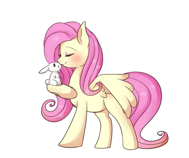 Size: 1023x856 | Tagged: safe, artist:hosikawa, derpibooru import, angel bunny, fluttershy, pegasus, pony, rabbit, blushing, cute, eyes closed, female, mare, shyabetes, simple background, white background