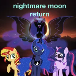 Size: 1525x1536 | Tagged: 1000 years in photoshop, artist:superbobiann, derpibooru import, editor:superbobiann, nightmare moon, princess luna, safe, sci-twi, sunset shimmer, twilight sparkle, wallpaper