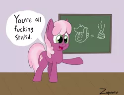 Size: 2975x2280 | Tagged: safe, artist:zaponator, derpibooru import, cheerilee, scootaloo, earth pony, pony, biased, chalkboard, poop, school, solo, vulgar