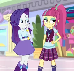 Size: 880x842 | Tagged: safe, derpibooru import, screencap, rarity, sour sweet, dance magic, equestria girls, spoiler:eqg specials, bracelet, cropped, duo, jewelry, plaid skirt, ponytail