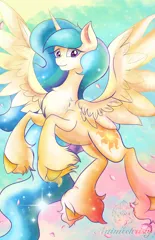 Size: 1024x1583 | Tagged: safe, artist:animechristy, derpibooru import, princess celestia, alicorn, pony, female, flying, mare, missing accessory, rearing, smiling, solo, spread wings, unshorn fetlocks, wings
