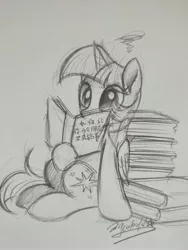 Size: 3456x4608 | Tagged: safe, artist:colorfulcolor233, derpibooru import, twilight sparkle, twilight sparkle (alicorn), alicorn, pony, book, chinese text, female, mare, monochrome, reading, simple background, sketch, solo, that pony sure does love books, traditional art