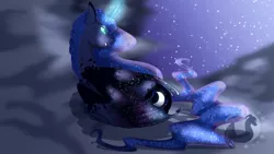 Size: 1280x720 | Tagged: alternate design, artist:djspark3, bat wings, cloud, derpibooru import, fangs, glowing horn, night, princess luna, prone, safe, solo