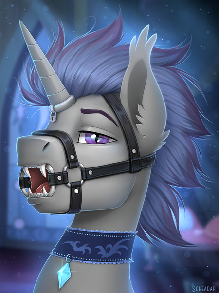 Size: 900x1200 | Tagged: questionable, artist:scheadar, derpibooru import, oc, oc:verlo streams, unofficial characters only, alicorn, bat pony, bat pony alicorn, pony, bat pony oc, bridle, choker, commission, gag, horn, horn ring, looking at you, magic suppression, male, malesub, open mouth, padlock, pendant, ring gag, solo, solo male, submissive, tack