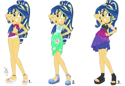 Size: 850x580 | Tagged: suggestive, artist:ilaria122, derpibooru import, part of a set, oc, oc:shining swirls, unofficial characters only, equestria girls, arm behind head, belt, bocas top, bracelet, breasts, choker, cleavage, clothes, dress, feet, flip-flops, hand on hip, jewelry, legs, midriff, next generation, offspring, parent:flash sentry, parent:sunset shimmer, parents:flashimmer, partial nudity, party dress, piercing, ponytail, pose, resort outflit, sandals, sarong, shoes, simple background, skirt, smiling, spiked headband, swimsuit, transparent background, wedge heel