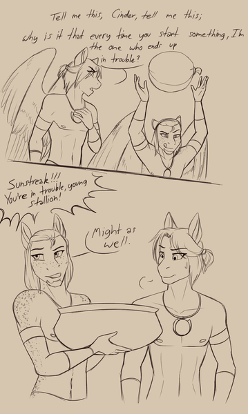 Size: 1956x3269 | Tagged: anthro, anthro oc, artist:blackblood-queen, bowl, clothes, comic, crossover, derpibooru import, dialogue, freckles, male, monochrome, moses, oc, oc:singe, oc:sunstreak, partial nudity, pegasus, prince of egypt, rameses, safe, simple background, sketch, smiling, stallion, topless, unofficial characters only, water balloon