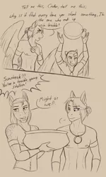 Size: 1956x3269 | Tagged: anthro, anthro oc, artist:blackblood-queen, bowl, clothes, comic, crossover, derpibooru import, dialogue, freckles, male, monochrome, moses, oc, oc:singe, oc:sunstreak, partial nudity, pegasus, prince of egypt, rameses, safe, simple background, sketch, smiling, stallion, topless, unofficial characters only, water balloon