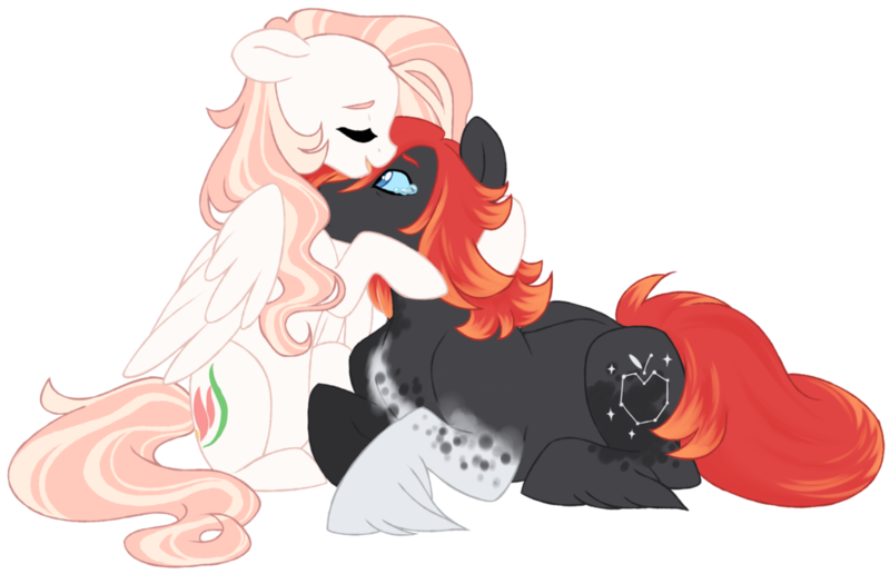 Size: 1024x672 | Tagged: safe, artist:azure-art-wave, derpibooru import, oc, oc:arkansas black, oc:callie, unofficial characters only, earth pony, pegasus, pony, female, hug, male, mare, prone, simple background, stallion, teary eyes, transparent background