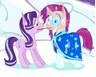 Size: 195x155 | Tagged: safe, artist:klystron2010, derpibooru import, starlight glimmer, sunburst, pony, unicorn, cropped, female, frozen, implied kiss, male, picture for breezies, shipping, starburst, straight, tongue out, tongue stuck to pole, youtube link