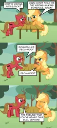 Size: 800x1800 | Tagged: safe, artist:nightmaremoons, derpibooru import, applejack, oc, oc:pun, earth pony, pony, ask pun, ask, facehoof, female, mare, pun, table