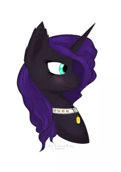 Size: 825x1173 | Tagged: alicorn, alicorn oc, artist:silviawing, bust, collar, cyan eyes, derpibooru import, horn, oc, oc:cognitio dissonantia, pet tag, portrait, purple hair, safe, solo, unofficial characters only