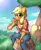 Size: 2200x2700 | Tagged: safe, artist:passigcamel, derpibooru import, applejack, anthro, earth pony, apple, female, food, high res, image, jpeg, looking at you, solo, sweat, sweatdrop, tree, zap apple