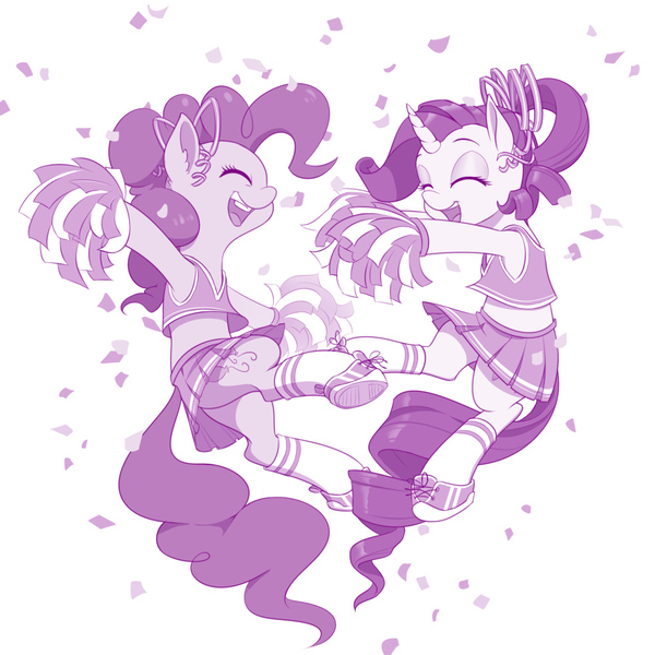 Size: 1100x1100 | Tagged: safe, artist:dstears, derpibooru import, pinkie pie, rarity, earth pony, pony, unicorn, cheerleader, cheerleader outfit, cheerleader pinkie, cheerleader rarity, clothes, confetti, cute, diapinkes, duo, eyes closed, female, mare, moe, monochrome, open mouth, pleated skirt, pom pom, ponytail, purple, raribetes, shoes, simple background, skirt, skirt lift, smiling, socks, weapons-grade cute, white background
