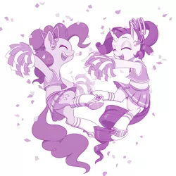Size: 1100x1100 | Tagged: safe, artist:dstears, derpibooru import, pinkie pie, rarity, earth pony, pony, unicorn, cheerleader, cheerleader outfit, cheerleader pinkie, cheerleader rarity, clothes, confetti, cute, diapinkes, duo, eyes closed, female, mare, moe, monochrome, open mouth, pleated skirt, pom pom, ponytail, purple, raribetes, shoes, simple background, skirt, skirt lift, smiling, socks, weapons-grade cute, white background
