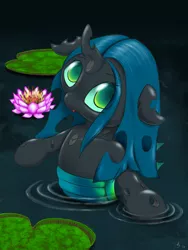 Size: 960x1280 | Tagged: artist:a8702131, changeling, changeling queen, child, derpibooru import, female, flower, looking at you, pond, queen chrysalis, safe