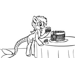 Size: 1280x989 | Tagged: artist:warskunk, bipedal, bipedal leaning, birthday gift, cake, derpibooru import, eating, female, food, leaning, mare, monochrome, oc, oc:rainy skies, original species, safe, shark pony, simple background, solo, table, unofficial characters only, white background