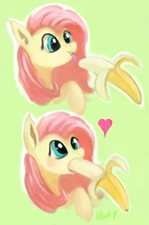 Size: 2658x4000 | Tagged: suggestive, artist:aponty, deleted from derpibooru, derpibooru import, fluttershy, bat pony, pony, banana, bananajob, fangs, female, flutterbat, food, heart, implied blowjob, implied oral, implied sex, mare, race swap, solo, solo female, sucking, suggestive eating, tongue out