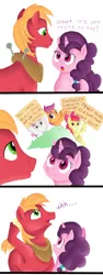 Size: 1000x2666 | Tagged: safe, artist:dstears, artist:jbond, color edit, derpibooru import, edit, apple bloom, big macintosh, scootaloo, sugar belle, sweetie belle, hard to say anything, apple bloom the shipper, bad advice, colored, comic, cutie mark crusaders, cutie ship crusaders, dialogue, female, male, painting, scootaloo the shipper, shipper on deck, shipping, sign, simple background, simpsons did it, straight, sugarmac, sweetie the shipper, swiggity swooty, text, the simpsons