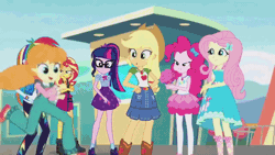 Size: 800x450 | Tagged: safe, derpibooru import, screencap, alizarin bubblegum, applejack, fluttershy, ginger owlseye, megan williams, pinkie pie, rainbow dash, rarity, sci-twi, sunset shimmer, twilight sparkle, twilight sparkle (alicorn), vignette valencia, alicorn, equestria girls, equestria girls series, rollercoaster of friendship, yakity-sax, animated, applejack's hat, beauty mark, cowboy hat, female, g1, g1 to equestria girls, generation leap, geode of fauna, geode of shielding, geode of sugar bombs, geode of super speed, geode of super strength, hat, hot air balloon, magical geodes, me my selfie and i, mobile phone, phone, ponied up, scitwilicorn, selfie, smartphone, super ponied up, twinkling balloon, yakyakistan