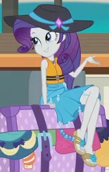 Size: 1336x2100 | Tagged: safe, derpibooru import, screencap, rarity, equestria girls, equestria girls series, the salty sails, clothes, cropped, crossed legs, cute, feet, flip-flops, hat, image, jpeg, legs, lifejacket, raribetes, sandals, sarong, sexy, solo, sun hat, swimsuit