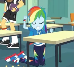 Size: 807x724 | Tagged: safe, derpibooru import, screencap, rainbow dash, teddy t. touchdown, equestria girls, equestria girls series, the last day of school, cropped, eyes closed, female, geode of super speed, magical geodes, male, offscreen character