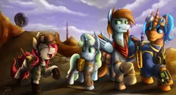 Size: 3357x1819 | Tagged: safe, artist:jamescorck, derpibooru import, oc, oc:appleale, oc:eissen, oc:sorren, oc:sweetwater, unofficial characters only, earth pony, pegasus, pony, unicorn, fallout equestria, fanfic, bandana, clothes, comic, desert, detailed background, digital art, earth pony oc, eyes closed, fallout, fanfic art, female, filly, foal, goggles, goggles on head, group, gun, hat, hooves, horn, image, laughing, magic, male, mare, open mouth, pegasus oc, pipbuck, png, saddle bag, smiling, smirk, stable, stallion, tail, the hopeful four, unicorn oc, vault suit, walking, wasteland, weapon, wings