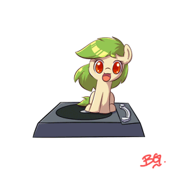 Size: 1024x1024 | Tagged: safe, artist:tikrs007, artist:valcron, derpibooru import, edit, oc, oc:green cracker, pony, animated, chibi, cute, cutie mark, female, filly, gif, open mouth, record player, simple background, sitting, solo, spinning, turntable, turntable pony, white background, you spin me right round