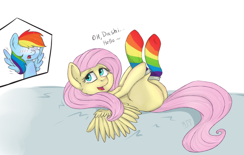 Size: 1989x1264 | Tagged: suggestive, artist:haruhi-il, derpibooru import, fluttershy, rainbow dash, pegasus, pony, clothes, female, flutterbutt, flutterdash, lesbian, mare, missing cutie mark, no eyes, on back, plot, rainbow socks, seduction, shipping, socks, spread wings, striped socks, wingboner, wings