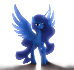 Size: 2100x2000 | Tagged: safe, artist:brisineo, derpibooru import, oc, oc:eos, unofficial characters only, alicorn, pony, fallout equestria, fallout equestria: broken bonds, fanfic, alicorn oc, artificial alicorn, backlighting, bedroom eyes, blue alicorn (fo:e), fanfic art, female, grin, hooves, horn, lens flare, looking at you, mare, raised hoof, simple background, smiling, solo, spread wings, teeth, transparent wings, white background, wings