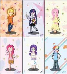 Size: 1145x1275 | Tagged: applejack, artist:zmey-ishimura, book, cute, derpibooru import, fluttershy, human, humanized, mane six, pinkie pie, pop'n music, rainbow dash, rarity, safe, style emulation, twilight sparkle