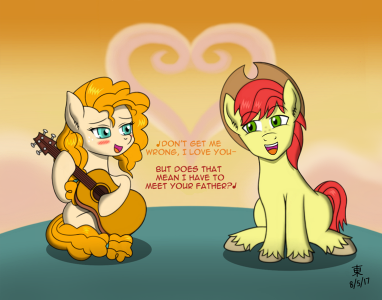 Size: 1400x1100 | Tagged: safe, artist:jazzytyfighter, derpibooru import, bright mac, pear butter, earth pony, pony, anime, brightbutter, couple, duet, female, guitar, kingdom hearts, male, reference, romantic, shipping, simple and clean, song, song reference, straight