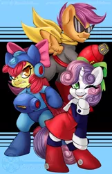 Size: 990x1530 | Tagged: safe, artist:bumblebun, derpibooru import, apple bloom, scootaloo, sweetie belle, earth pony, pegasus, pony, unicorn, bow, clothes, cutie mark crusaders, female, hair bow, looking at you, megaman, megamare, one eye closed, protoman, roll, scarf, tongue out, video game crossover, wink