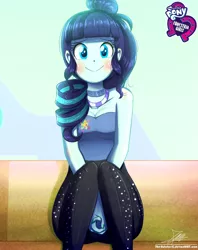 Size: 920x1160 | Tagged: safe, artist:the-butch-x, derpibooru import, part of a set, coloratura, equestria girls, blushing, breasts, butch's hello, choker, cleavage, clothes, commission, cute, equestria girls logo, female, hello x, looking at you, nervous, rarabetes, signature, sitting, smiling, solo, sweat