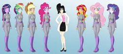 Size: 7155x3111 | Tagged: safe, artist:tigerssunshyn, derpibooru import, applejack, fluttershy, pinkie pie, rainbow dash, rarity, sunset shimmer, twilight sparkle, oc, human, equestria girls, boots, clothes, female, gradient background, headband, humane five, humane seven, humane six, lab coat, mind control, shoes, swirly eyes, uniform