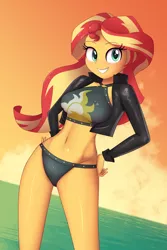 Size: 1280x1920 | Tagged: safe, alternate version, artist:zelc-face, derpibooru import, edit, sunset shimmer, human, equestria girls, adorasexy, beautiful, belly button, bikini, bikini bottom, black swimsuit, breasts, bubble, busty sunset shimmer, clothes, cute, cutie mark swimsuit, female, jacket, leather jacket, looking at you, midriff, sexy, shimmerbetes, smiling, solo, sunset, swimsuit, thighs, water, zelc-face's swimsuits