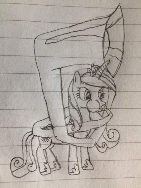 Size: 1536x2048 | Tagged: artist:puffedcheekedblower, derpibooru import, lined paper, musical instrument, pencil drawing, princess cadance, puffy cheeks, safe, solo, sousaphone, traditional art, tuba