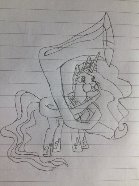 Size: 1024x1365 | Tagged: artist:puffedcheekedblower, derpibooru import, lined paper, musical instrument, pencil drawing, princess celestia, puffy cheeks, safe, solo, sousaphone, traditional art, tuba