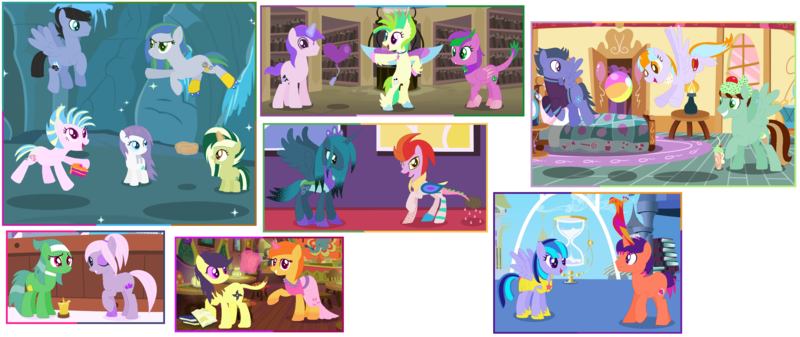 Size: 3632x1528 | Tagged: safe, artist:razorbladetheunicron, derpibooru import, oc, oc:blizzard, oc:cardamom, oc:citrus surprise, oc:confetti balloon, oc:dawn, oc:dewdrop glisten, oc:disco lights, oc:firestorm swirl, oc:frozen aurora, oc:iridescent garnet, oc:keyana crust, oc:lilac, oc:mint chip, oc:prairie, oc:prince chocolate paradox, oc:princess zenith, oc:rose gold, oc:smokey whistle, oc:windy blitz, unofficial characters only, alicorn, breezie, cat pony, changedling, changeling, changepony, dracony, earth pony, hippogriff, hybrid, original species, pegasus, phoenix, unicorn, lateverse, aura, balloon, bandana, base used, beach ball, book, breezie hyrbid, cake, candle, canterlot castle, canterlot library, cave, clothes, cutie mark, draconequus hybrid, dress, food, group, hairband, headband, hippogriff hyrbid, hourglass, ice cream, interspecies offspring, jacket, jewelry, levitation, magic, magical lesbian spawn, next generation, offspring, parent:big macintosh, parent:capper, parent:discord, parent:flash sentry, parent:flitter, parent:limestone pie, parent:pharynx, parent:pinkie pie, parent:prince blueblood, parent:princess celestia, parent:princess luna, parent:princess skystar, parent:saffron masala, parent:soarin', parent:thunderlane, parent:twilight sparkle, parent:vinyl scratch, parents:amespike, parents:bluemasala, parents:dislestia, parents:flashlight, parents:flitterlane, parents:limin', parents:lunarynx, parents:saffer, parents:vinylpie, pie tin, ponytail, ponyville spa, regalia, royal guard, royal guard armor, stepsisters, telekinesis, the tasty treat, twilight's canterlot home