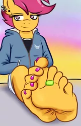 Size: 1080x1680 | Tagged: anthro, artist:a_friendly_guest, barefoot, clothes, derpibooru import, ear piercing, feet, female, fetish, foot fetish, nail polish, piercing, scootaloo, solo, solo female, suggestive, toenail polish, toenails, toe ring, toes