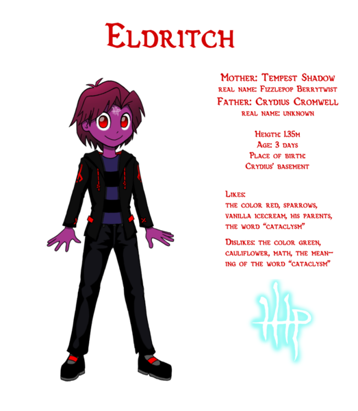 Size: 896x1028 | Tagged: safe, artist:crydius, derpibooru import, oc, oc:eldritch, unofficial characters only, equestria girls, my little pony: the movie, biography, clothes, crydiusshadow, glowing text, jacket, leather jacket, leather pants, leather shoes, looking at you, magical hetero spawn, male, no pupils, pants, parent:oc:crydius, parent:tempest shadow, parents:canon x oc, parents:crydiusshadow, shipping, simple background, smiling, solo, sweater, symbol, transparent background