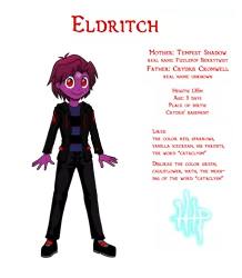 Size: 896x1028 | Tagged: safe, artist:crydius, derpibooru import, oc, oc:eldritch, unofficial characters only, equestria girls, my little pony: the movie, biography, clothes, crydiusshadow, glowing text, jacket, leather jacket, leather pants, leather shoes, looking at you, magical hetero spawn, male, no pupils, pants, parent:oc:crydius, parent:tempest shadow, parents:canon x oc, parents:crydiusshadow, shipping, simple background, smiling, solo, sweater, symbol, transparent background