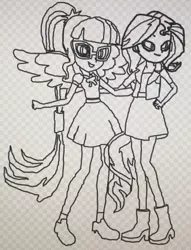 Size: 1934x2526 | Tagged: safe, artist:superbobiann, derpibooru import, editor:superbobiann, sci-twi, sunset shimmer, twilight sparkle, equestria girls, equestria girls series, line drawing