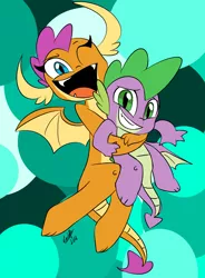 Size: 820x1114 | Tagged: safe, artist:emositecc, derpibooru import, smolder, spike, dragon, cute, duo, female, flying, grin, holding, hug, male, nervous, nervous grin, one eye closed, one eye open, open mouth, signature, smiling, smolderbetes, spikabetes, winged spike, wings