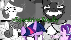 Size: 1280x720 | Tagged: safe, derpibooru import, edit, edited screencap, screencap, princess cadance, princess celestia, princess flurry heart, princess luna, starlight glimmer, twilight sparkle, twilight sparkle (alicorn), alicorn, pony, unicorn, totally legit recap, boop, exploitable meme, faic, female, foal, foreshadowing, frown, glare, glimmerposting, greentext, grin, lidded eyes, mare, meme, nervous, open mouth, purple text, screaming, self-boop, smiling, smirk, soon, squee, text, tongue out, wavy mouth, wide eyes