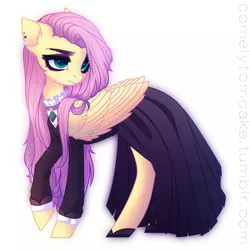 Size: 1604x1603 | Tagged: safe, artist:tomness, derpibooru import, fluttershy, pegasus, pony, fake it 'til you make it, clothes, ear piercing, earring, female, fluttergoth, folded wings, hair over one eye, head turn, jewelry, mare, piercing, raised hoof, shoes, simple background, skirt, solo, white background