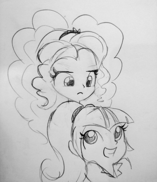 Size: 1440x1671 | Tagged: safe, artist:tjpones, derpibooru import, adagio dazzle, sonata dusk, equestria girls, black and white, female, grayscale, lineart, monochrome, smiling, traditional art