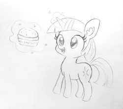 Size: 1627x1440 | Tagged: safe, artist:tjpones, derpibooru import, twilight sparkle, pony, unicorn, burger, cute, ear fluff, female, food, glowing horn, grayscale, hay burger, lineart, magic, mare, monochrome, solo, telekinesis, traditional art, twiabetes, twilight burgkle, unicorn twilight, younger